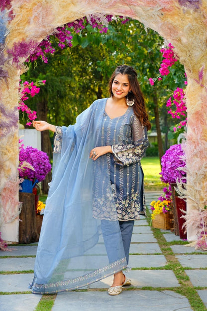 blue embroidered set