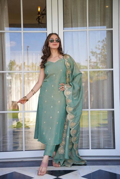 Sea Green Straight Cut Suit with Embroidered Dupatta – Little Wish Fashion Collection