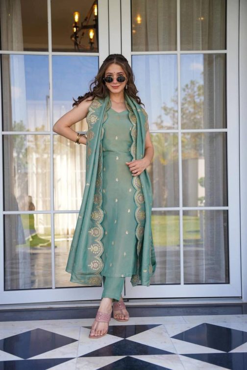 Sea Green Straight Cut Suit with Embroidered Dupatta – Little Wish Fashion Collection