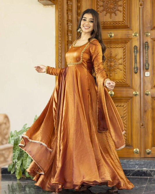 Stylish Brown Ready to Wear Gown for Women with Embroidery Work, Wedding Gows for Women, Anarkali Gown, Indian women ethnic outfit