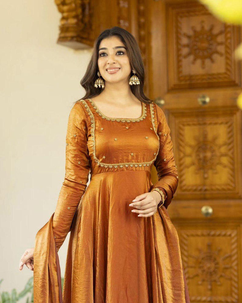 Stylish Brown Ready to Wear Gown for Women with Embroidery Work, Wedding Gows for Women, Anarkali Gown, Indian women ethnic outfit