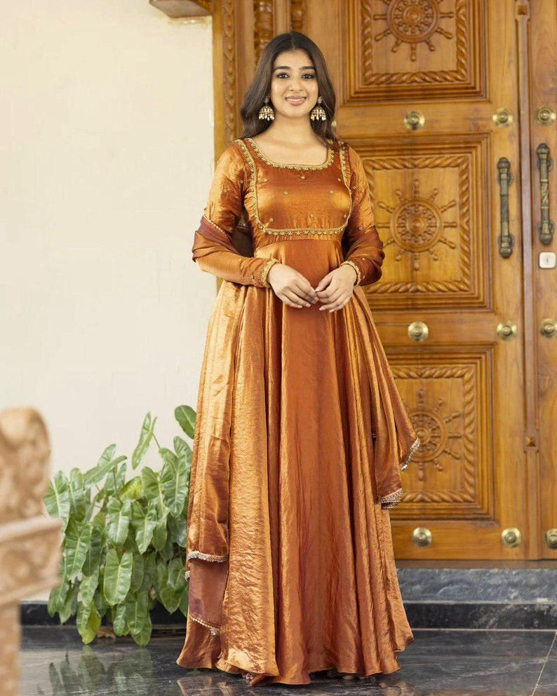Stylish Brown Ready to Wear Gown for Women with Embroidery Work, Wedding Gows for Women, Anarkali Gown, Indian women ethnic outfit