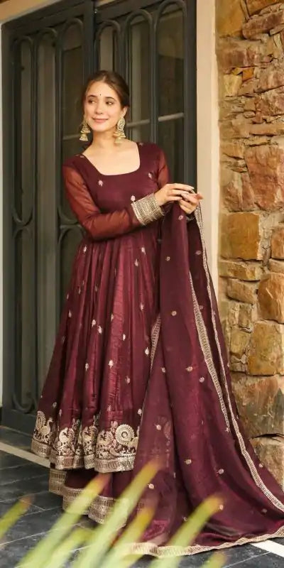 Maroon Crunchy Silk With Embroidery Salwar Suit