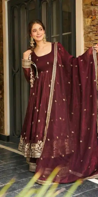 Maroon Crunchy Silk With Embroidery Salwar Suit