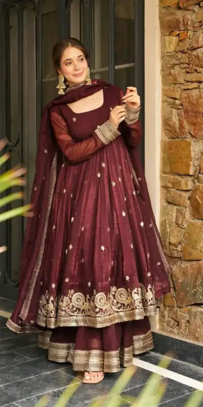 Maroon Crunchy Silk With Embroidery Salwar Suit