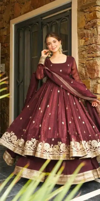 Maroon Crunchy Silk With Embroidery Salwar Suit