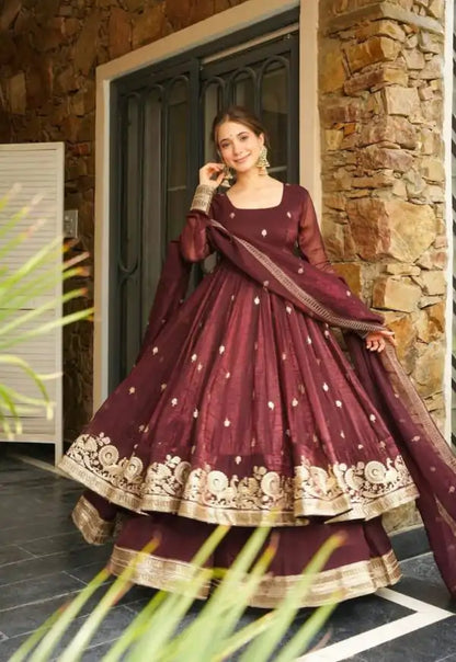 Maroon Crunchy Silk With Embroidery Salwar Suit