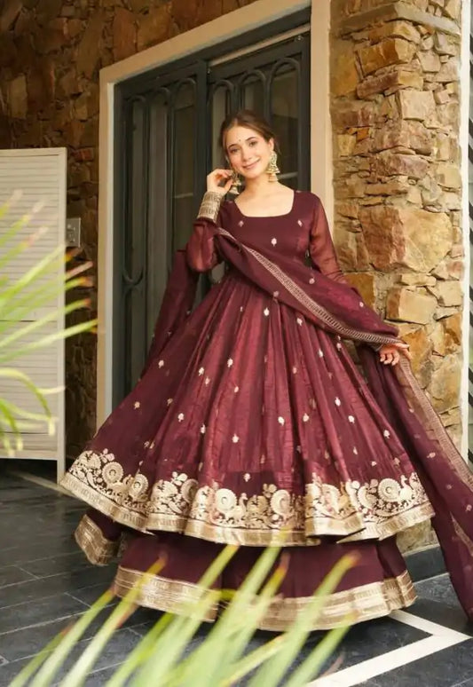 Maroon Crunchy Silk With Embroidery Salwar Suit